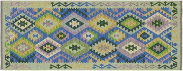 Flat Weave Kilim, Antique, Navaho, Vintage, Handmade, Geometric Kilim Blue Gold Hand-Woven Runner 100% Wool Area Rug 3 x 6